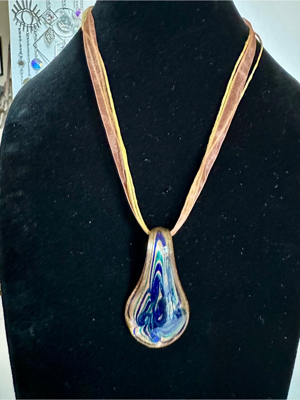 Murano Blue Swirl Glass Pendant Necklace with Tan and Gold Ribbon